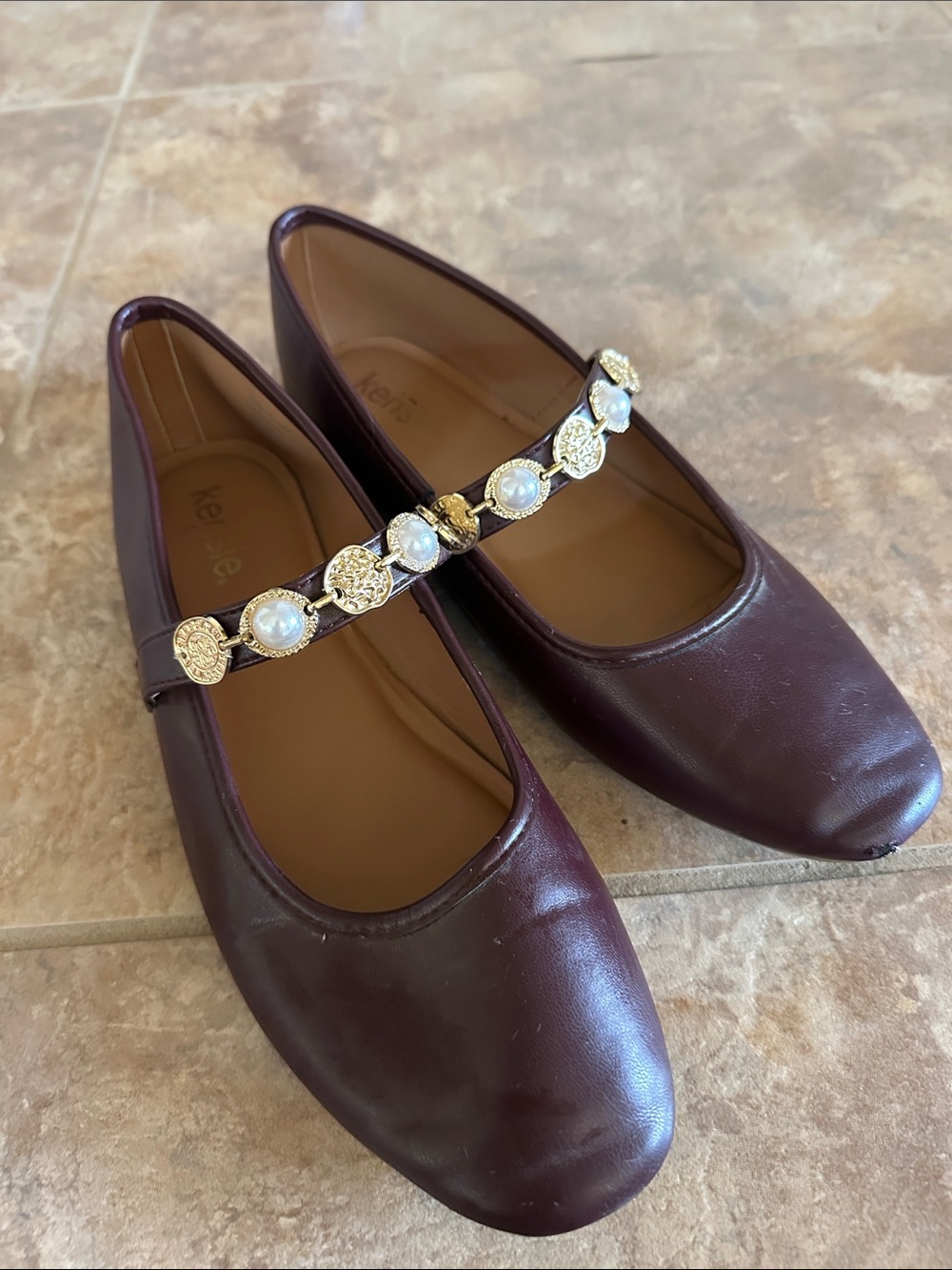 Kensie Women's Burgundy Pearl-Embellished Mary Jane Flats